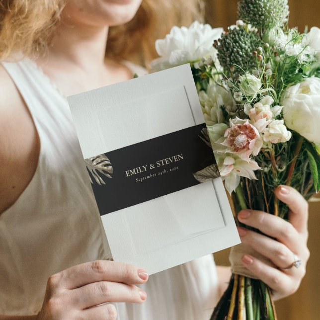 Black and Gold Elegant Botanical Modern Wedding Invitation Belly Band (Creator Uploaded)