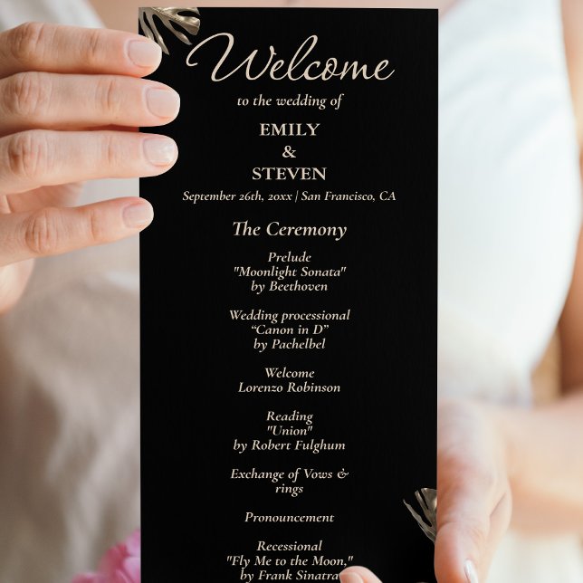 Black and gold elegant Botanical  Wedding Program Programme (Creator Uploaded)