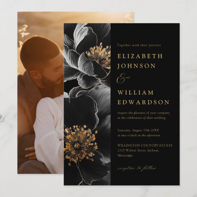 Black And Gold Elegant Chic Floral Photo Wedding Invitation (Front/Back)