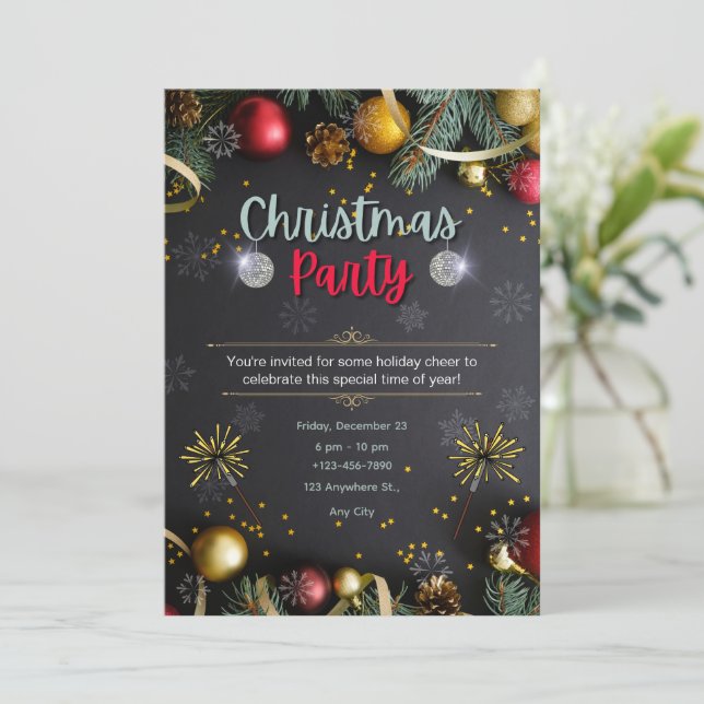 Black And Gold Elegant Christmas Party Invitation (Standing Front)