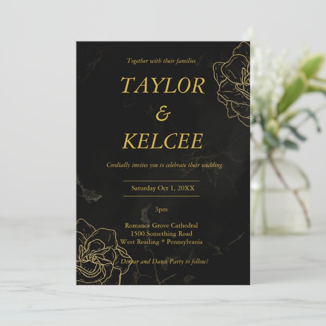 Black and Gold Elegant CUSTOMIZABLE Wedding Invitation (Standing Front)