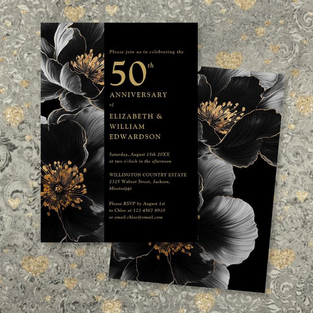 Black And Gold Elegant Floral 50th Anniversary Invitation (Black And Gold Elegant Floral 50th Anniversary Invitation)