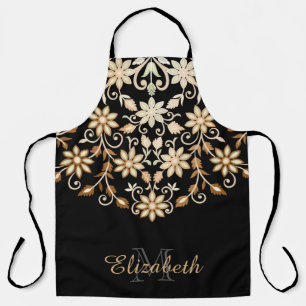 Black and Gold Elegant Floral Apron