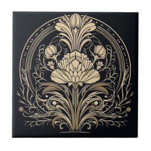 Black and Gold Elegant Floral Art Deco Tile
