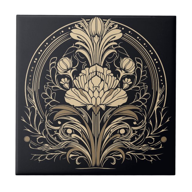 Black and Gold Elegant Floral Art Deco Tile (Front)
