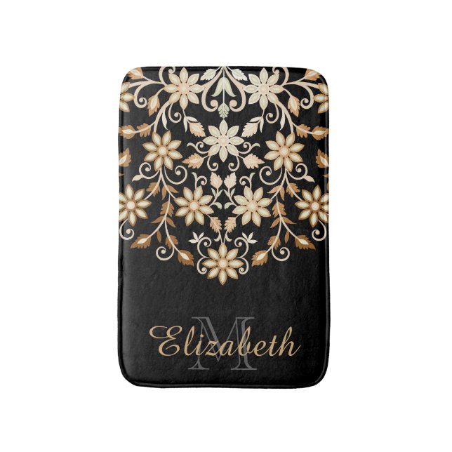 Black and Gold Elegant Floral Bath Mat (Front Vertical)