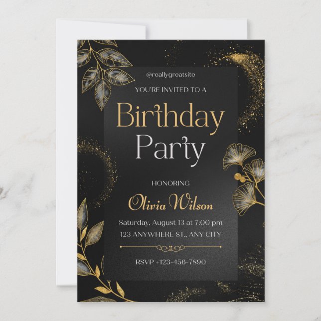 Black and Gold Elegant Floral Birthday Party Invit Invitation (Front)