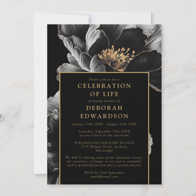 Black And Gold Elegant Floral Celebration Of Life Invitation (Front)