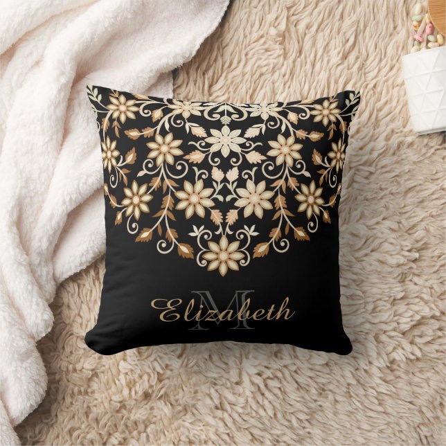 Black and Gold Elegant Floral Cushion (Blanket)