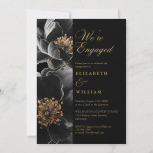 Black And Gold Elegant Floral Engagement Party Invitation