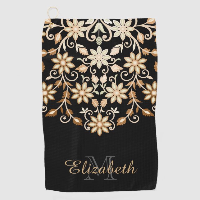 Black and Gold Elegant Floral Golf Towel (Front)