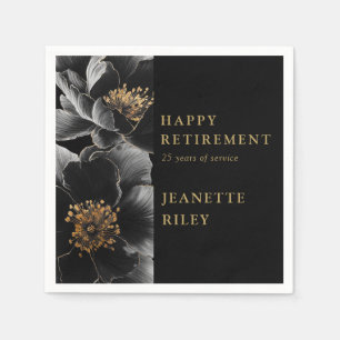 Black And Gold Elegant Floral Happy Retirement Napkin