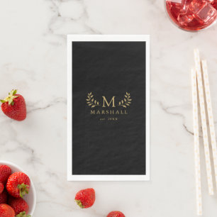 Black And Gold Elegant Floral Monogram Family Name Napkin