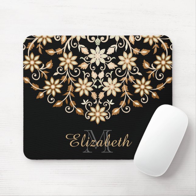 Black and Gold Elegant Floral Mouse Mat (With Mouse)