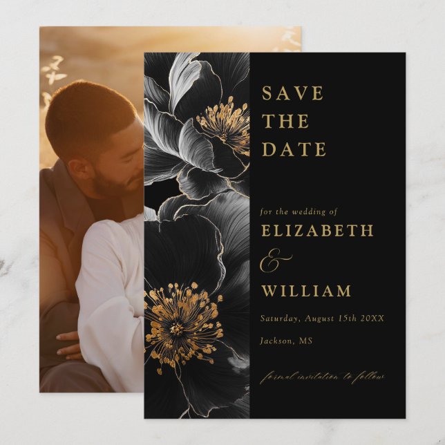 Black And Gold Elegant Floral Photo Wedding Save The Date (Front/Back)
