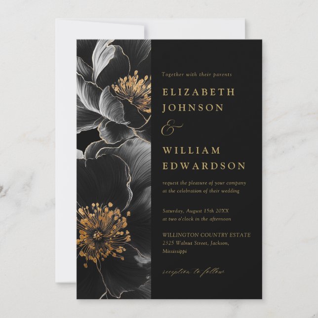 Black And Gold Elegant Floral QR Code Wedding Invitation (Front)