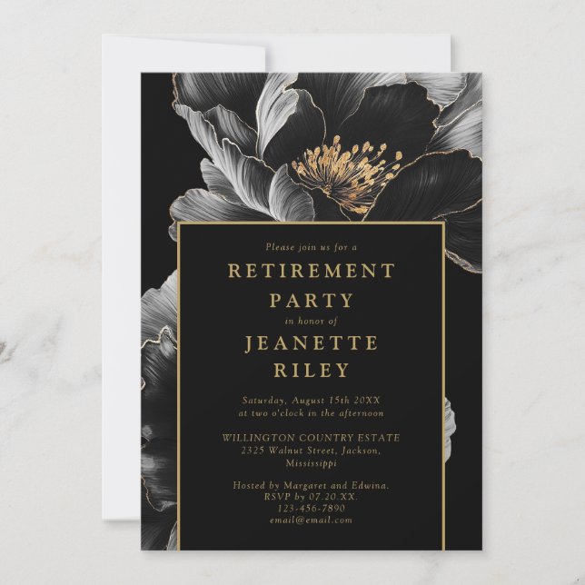 Black And Gold Elegant Floral Retirement Party Invitation (Front)