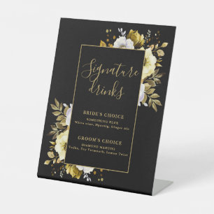 Black And Gold Elegant Floral Signature Drinks Pedestal Sign