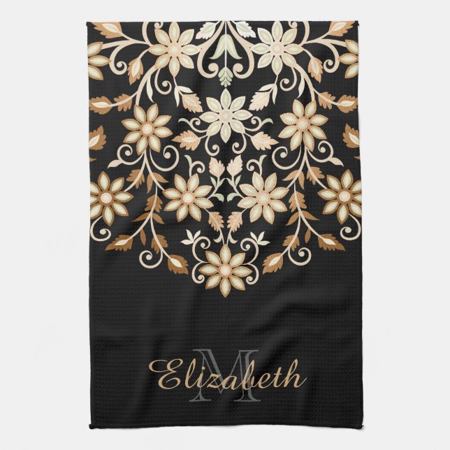 Black and Gold Elegant Floral Tea Towel (Vertical)