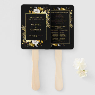 Black And Gold Elegant Floral Wedding Program Hand Fan