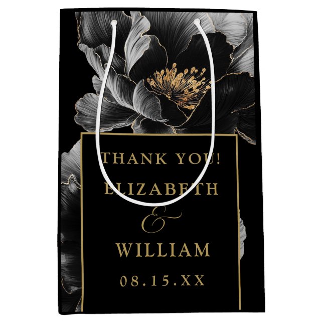 Black And Gold Elegant Floral Wedding Thank You Medium Gift Bag (Front)