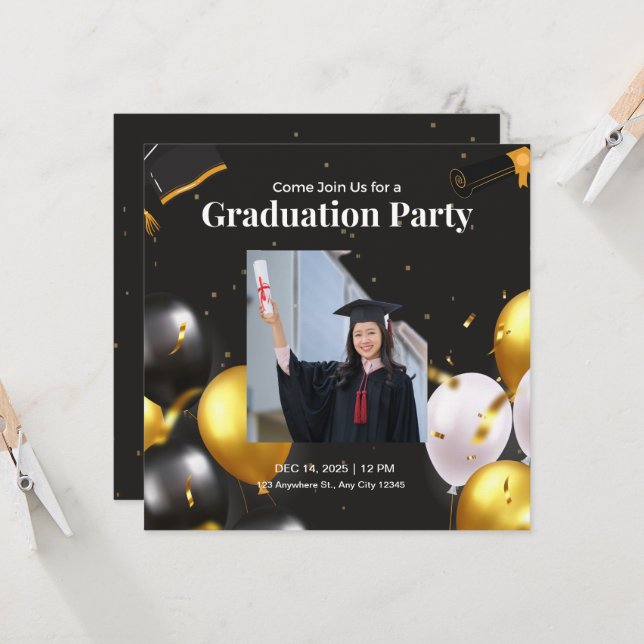 Black and Gold Elegant Graduation Invitation (Front/Back In Situ)