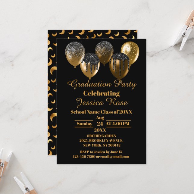 BLACK AND GOLD ELEGANT GRADUATION INVITATION (Front/Back In Situ)