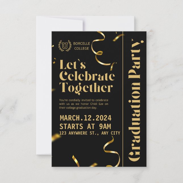 Black and Gold Elegant Graduation Party Invitation (Front)