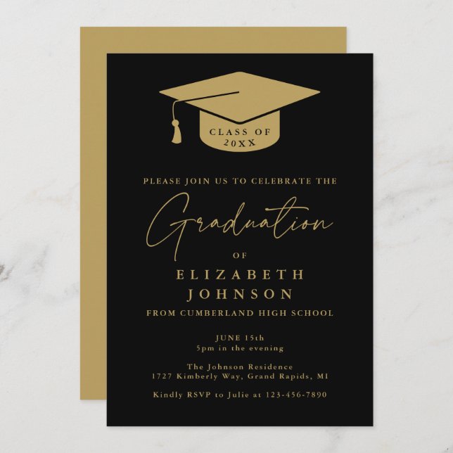 Black And Gold Elegant Graduation Party Invitation (Front/Back)