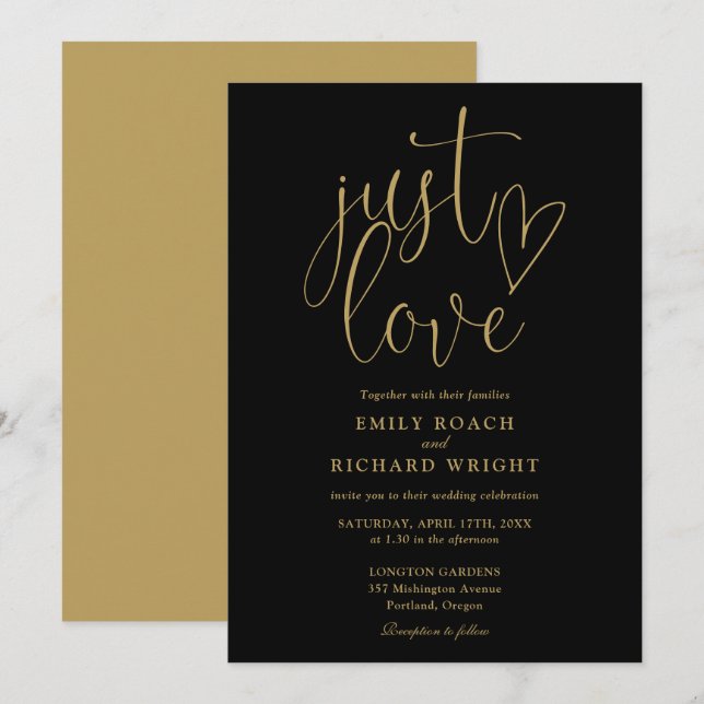 Black And Gold Elegant Just Love Script Wedding Invitation (Front/Back)
