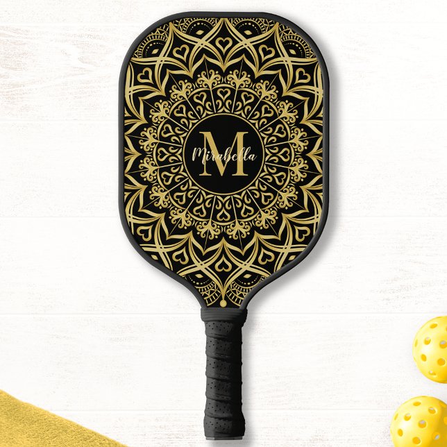 Black and Gold Elegant Mandala Monogrammed Pickleball Paddle (Creator Uploaded)