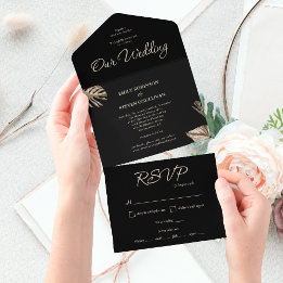Black and Gold Elegant Minimal Botanical Wedding All In One Invitation