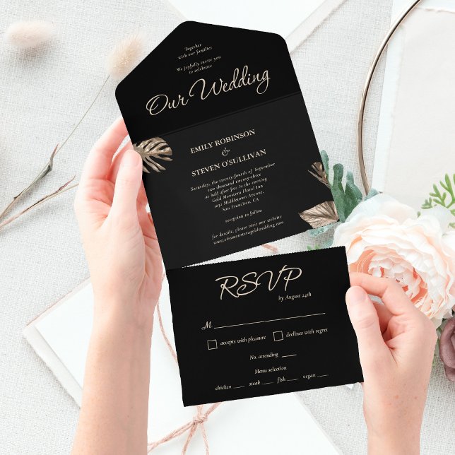 Black and Gold Elegant Minimal Botanical Wedding All In One Invitation (Creator Uploaded)