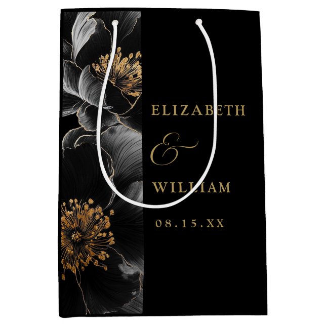 Black And Gold Elegant Modern Floral Chic Wedding Medium Gift Bag (Front)