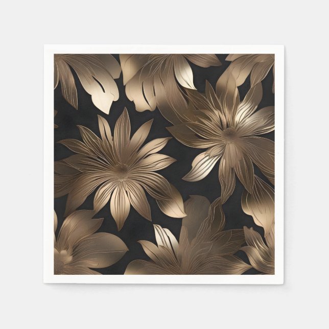 Black and Gold Elegant  Modern Floral Napkin (Front)