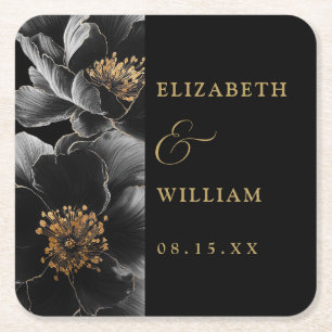 Black And Gold Elegant Modern Floral Wedding Square Paper Coaster