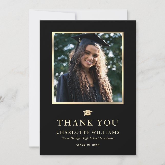Black and Gold Elegant Modern Photo Graduation Thank You Card (Front)