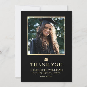 Black and Gold Elegant Modern Photo Graduation Thank You Card