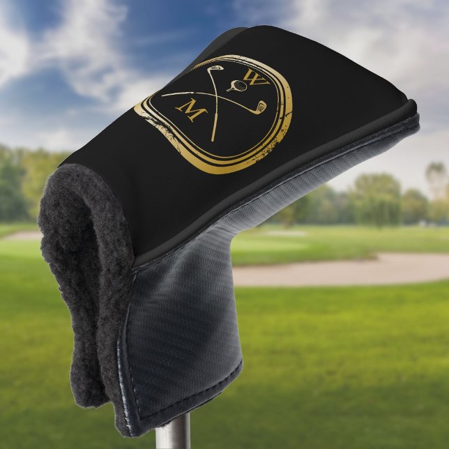 Black And Gold Elegant Monogram Initials Golf Head Cover (Creator Uploaded)