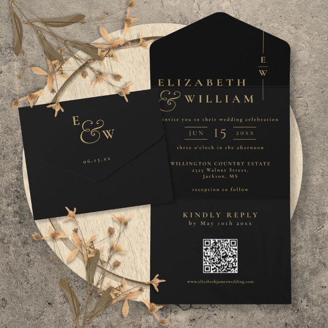 Black And Gold Elegant Monogram QR Code Wedding All In One Invitation (Black And Gold Elegant Monogram QR Code Wedding All In One Invitation)