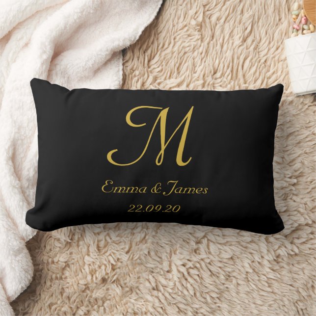 Black and Gold Elegant Monogram Script Name  Lumbar Cushion (Blanket)