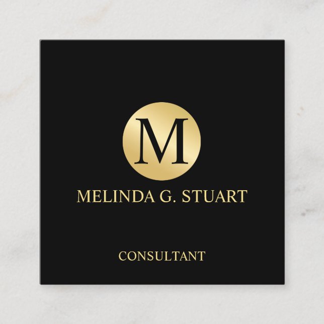 Black and Gold Elegant Monogram Square Business Card (Front)