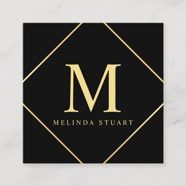 Black and Gold Elegant Monogram Square Business Card (Front)