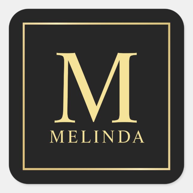 Black and Gold Elegant Monogram Square Sticker (Front)