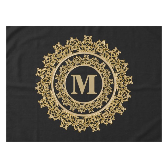 Black and Gold Elegant Monogram Tablecloth (Front (Horizontal))