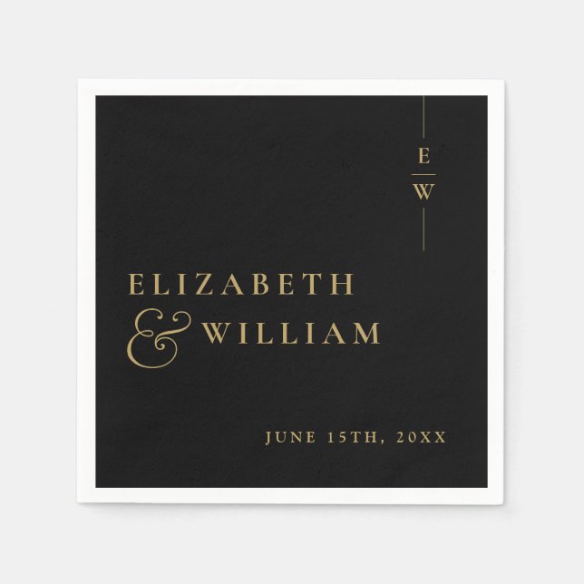 Black And Gold Elegant Monogram Wedding Napkin (Front)