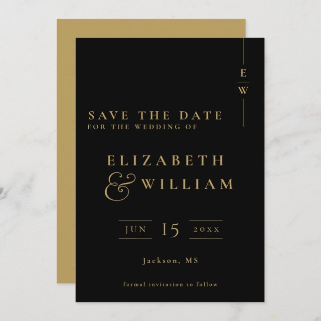 Black And Gold Elegant Monogram Wedding Save The Date (Front/Back)