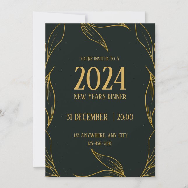 Black and Gold Elegant New Year's Dinner Invitation (Front)