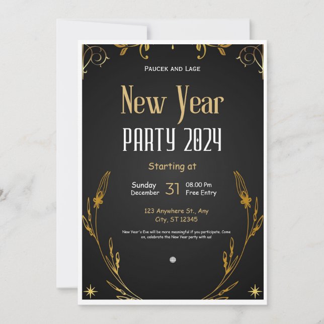 Black and Gold Elegant New Year's Eve Party Invit Invitation (Front)