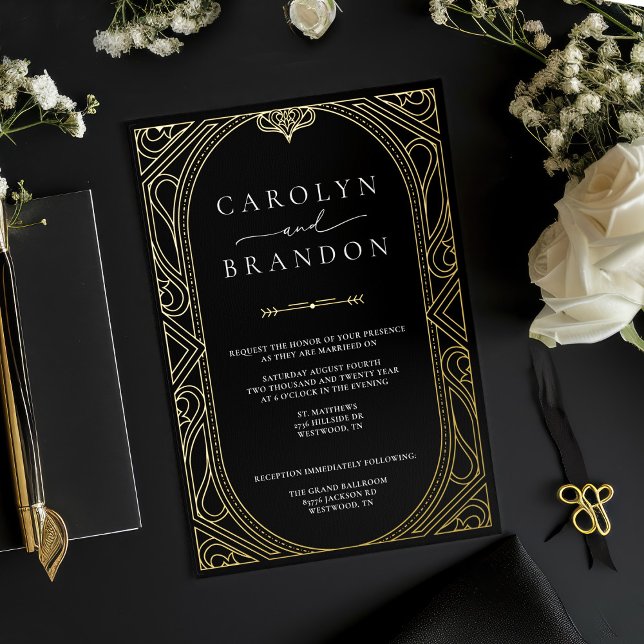 Black and Gold Elegant Ornate Wedding Invitation (Black and real gold foil art deco 1920's style wedding invitation)